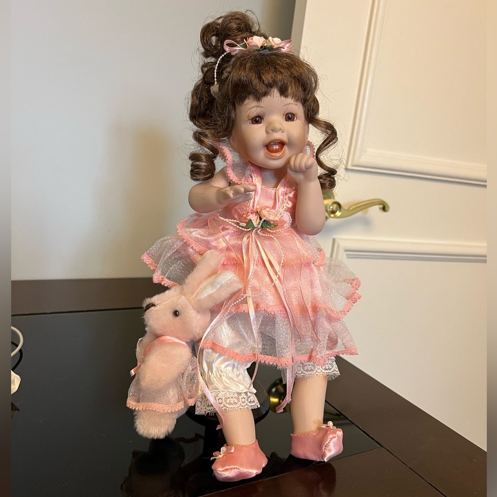 Vintage Porcelain Adorable Pink Doll with Plush Bunny